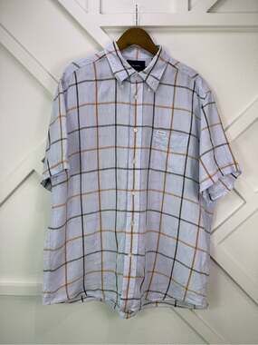 Faconnable XL 100% Linen Plaid Short Sleeve Button Front Shirt Blue Windowpane